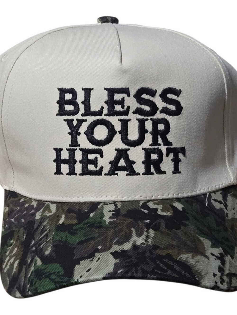 Zenana Bless Your Heart White & Camouflage Trucker Cap